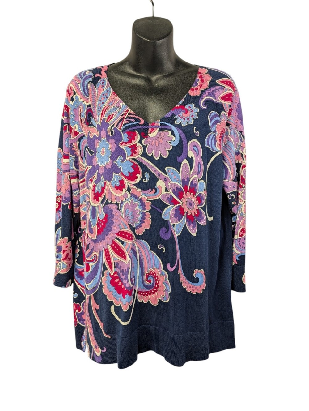 Talbots Navy Multi Color Floral Paisley Print V-Neck 3/4 Sleeve Sweater Size L